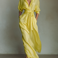 Women's Lemon Yellow Cotton And Linen Blend Maxi Shirt Dress With Tie Waist & Half Sleeves MDZ2884A4T