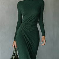 Women's Dark Green High-elastic Knitted High-neck Wrap Dress Midi Dress MDA2023J2T