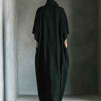 Women's Black Cotton Blend Fabric Oversized Kimono-Sleeve Maxi Dress With Pockets MDZ0577A3T