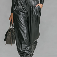 Women's Fashion PU Leather Slim Fit Zipper Stand Collar Shirt Pants Set (Without Belt)MDA2743H0Y