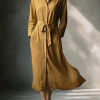 Women's Mustard Elegant Linen Blended Button - Front Belted Midi Shirt Dress MDA1800I6I