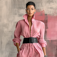 Women's Solid Color Lapel Long Sleeve Single Breasted Belt Maxi Shirt Dress MDA0917G0Y