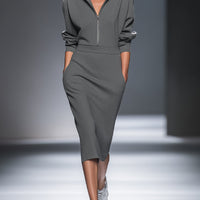 Women's Casual Cotton Polyester Half  Zip Midi Dress MDA0570H1I