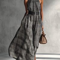 Women's Plaid High Collar Sleeveless Belted Maxi Dress MDA1002G2Y