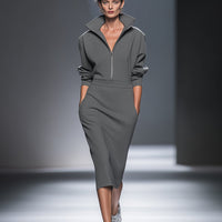 Women's Casual Cotton Polyester Half  Zip Midi Dress MDA0570H1I