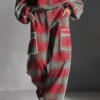 Women's Red And Gray Plaid Brushed Distressed Street Style Color-Blocked Piping Pantsuit Set MDA1065K4I