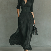 Women's Solid Color Pleated Lapel Waist Long Sleeve Maxi Dress MDA0826G1Y