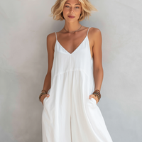 Women's Casual White Cotton-linen Blend Sleeveless Loose Jumpsuit MDZ0246C9AN