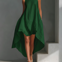 Women's White Linen Fabric Sleeveless Midi Dress With Round Neck & Asymmetric Hem MDZ0987B9T