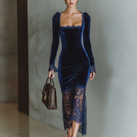 Women's Burgundy Velvet Lace Fitted Maxi Dress MDA1190J4T