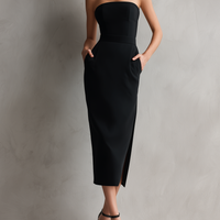 Women's Elegant Black Stretch Strapless Bodycon Midi Dress MDZ0669A6AN