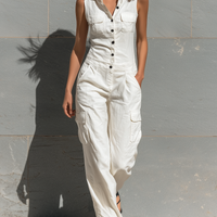 Women's Minimalist Cotton Blend Single-breasted Sleeveless Jumpsuit MDZ1304A4Y