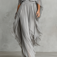 Women's Grey Breathable Chiffon Set With Cold-Shoulder Detail & Flared Silhouette, Contemporary Luxury-Feminine Style Set MDZ2651B6I