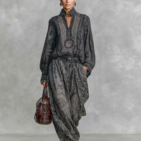 Women's Vintage Paisley Print Stand-up Collar Long Sleeve Shirt Trousers Two-piece Set MDA2558G3Y