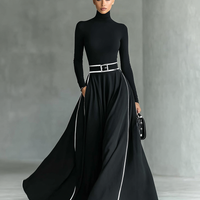 Women's Black Stitching White Trim High Collar Long Sleeve Tight Belt Maxi Dress MDA1031G0Y
