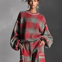 Women's Red And Gray Plaid Brushed Distressed Street Style Color-Blocked Piping Pantsuit Set MDA1065K4I
