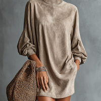 Women's Minimalist Loose-fitting Faux Suede High-neck Mini Dress MDA2423K1Y