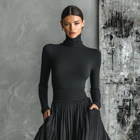 Women's Fashion All Black Skinny Turtleneck T-shirt Pleated Skirt Set MDA1366H1Y