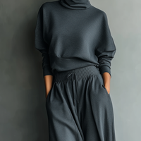 Women's Charcoal Knit Fabric Turtleneck Oversized Top & Wide-Leg Pants Set MDA2435L7T