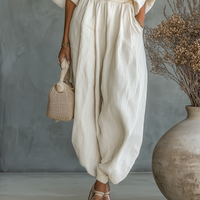 Women's Off-white Linen Off-shoulder Loose Casual Top And Tapered Pants Set MDA2770K8T