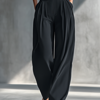 Women's Black High-elastic Knit Top And Acetate Wide-leg Pants MDZ1068B3T
