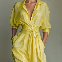Women's Lemon Yellow Cotton And Linen Blend Maxi Shirt Dress With Tie Waist & Half Sleeves MDZ2884A4T