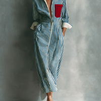 Women's Blue And White Cotton Blend Striped Shirt Dress With Red Chest Pocket MDZ1286C2T