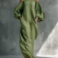 Women's Light Green Cold-Shoulder Maxi Dress With Oversized Puff Sleeves & Side Pockets MDZ1004B7T
