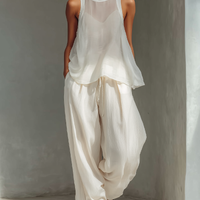 Women's Cream Two-Piece Set With Semi-sheer Chiffon Sleeveless Top & Cotton And Linen Blend Drawstring Wide-Leg Trousers MDZ1039C4T
