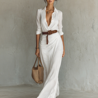 Ladies Lapel Single Breasted Long Sleeve Belted Maxi Dress MDA1500G4Y