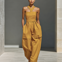 Women's Mustard Yellow Linen-Blend Jumpsuit With Crisscross Neckline & Relaxed Trousers MDZ2808B6T