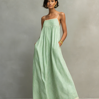 Women's Minimalist Striped Maxi Dress With Red Trim And Spaghetti Straps MDZ2710C3Y