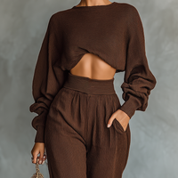 Women's Coffee-colored Short Top And Wide-leg Pants Knitted Set MDA3000G6T