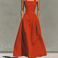 Women's Red Linen Maxi Dress With Halter Neck & Pleated Skirt, Timeless Elegant-Resort Style Dress MDZ2016C7I
