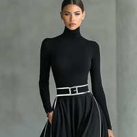 Women's Black Stitching White Trim High Collar Long Sleeve Tight Belt Maxi Dress MDA1031G0Y