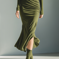 Women's Army Green Stretch Knit High Neck Pleated Slim Fit Maxi Dress MDA0556K1T