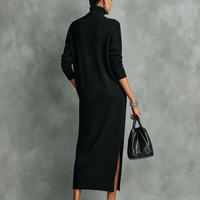 Women's Elegant Black Knitted Turtleneck Long-sleeved Loose-fitting  Midi Dress With No Pockets MDA1974L7AN