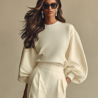 Women's Off-white Lightweight Woven Wide Leg Pants with High Waist & Loose Fit, Sophisticated Office Chic Trousers MDZ0856A8I