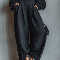 Women's Minimalist Linen Blend Strapless Long-sleeved Blouse And Wide-leg Pants Set MDA1900L7Y