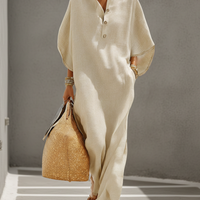 Women's Oatmeal Linen Dress With Mandarin Collar & Dolman Sleeves, Timeless Resort-Casual Style Dress MDZ0552B1I
