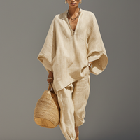 Women's Neutral Linen Set With Asymmetric Hem & Minimalist Design, Sophisticated Daily-Casual Style Set MDZ0501B3I