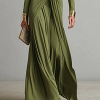 Women's Olive Silky Stretchy Dress With Deep V-Neck & Ruched Detail, Glamorous Maxi Dress MDA0509L8I