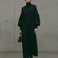 Women's Modern Black Turtleneck Puff-Sleeve Sweatshirt Maxi Dress MDA1503L6AU