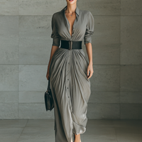 Ladies Lapel Long Sleeve Single Breasted Belt Maxi Dress MDA1758G1Y