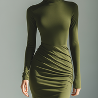 Women's Army Green Stretch Knit High Neck Pleated Slim Fit Maxi Dress MDA0556K1T