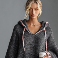 Women's Loose Hooded Pink Trimmed Knit Mini Dress MDA0255I8Y