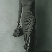 Women's Dark Grey High Elastic Knitted Hooded Maxi Dress MDA1303J1T
