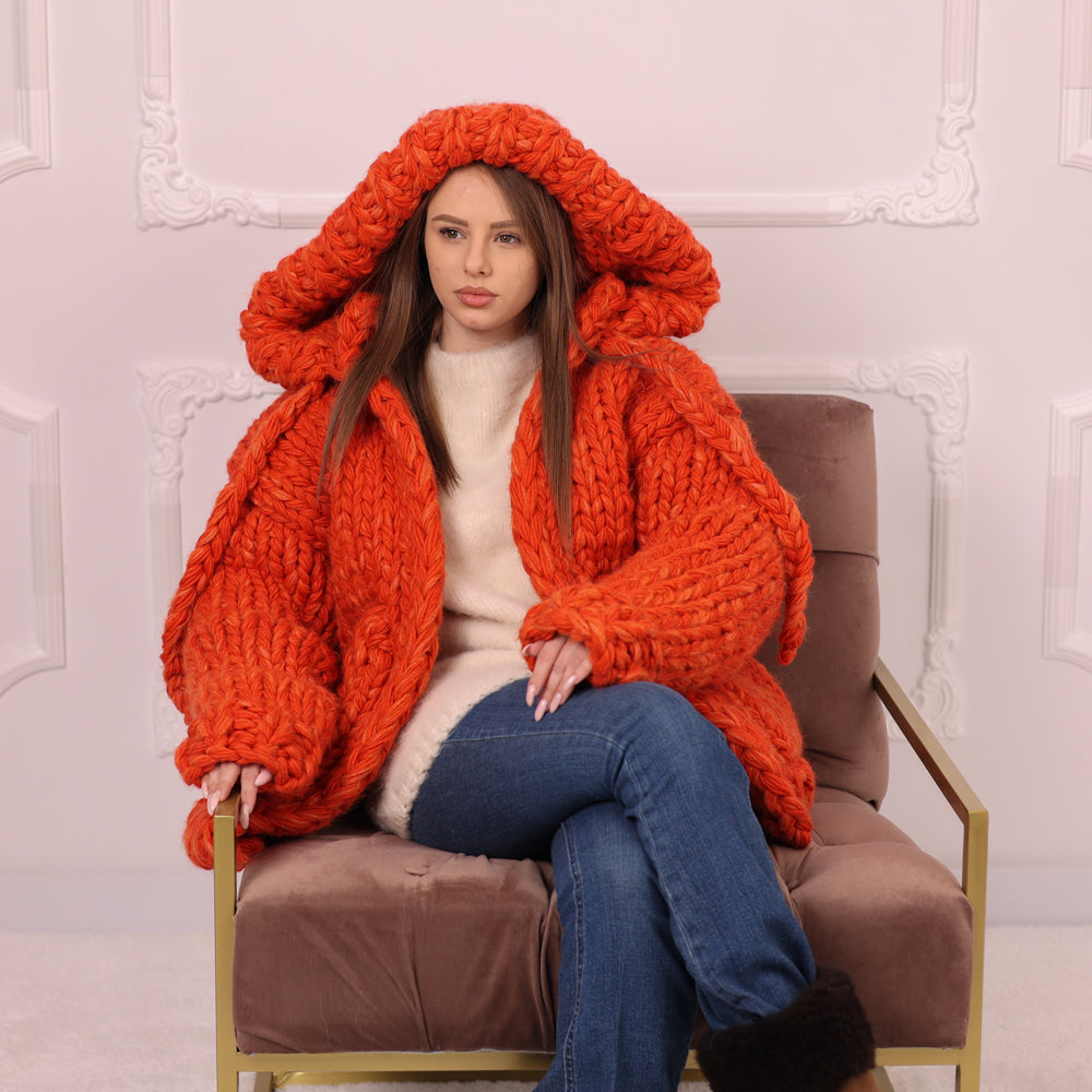 25 Strand Wool Alpaca Cardigan Coat, Extra Chunky Hooded Knit Jacket T2193