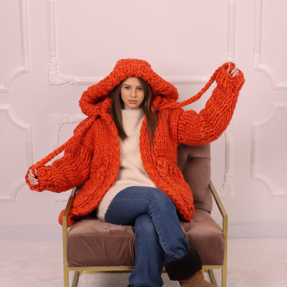 25 Strand Wool Alpaca Cardigan Coat, Extra Chunky Hooded Knit Jacket T2193