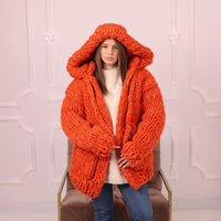 25 Strand Wool Alpaca Cardigan Coat, Extra Chunky Hooded Knit Jacket T2193